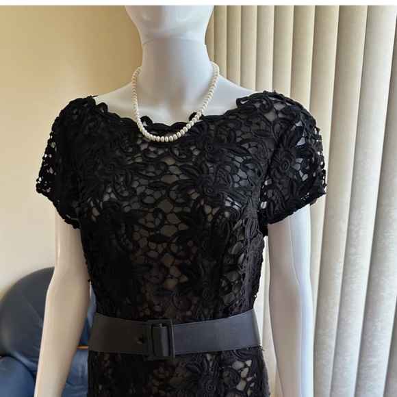 Chetta B Sherrie Bloom Peter Noviello Black Lace Cocktail Dress Sz 12 Bow Belt - Picture 6 of 11